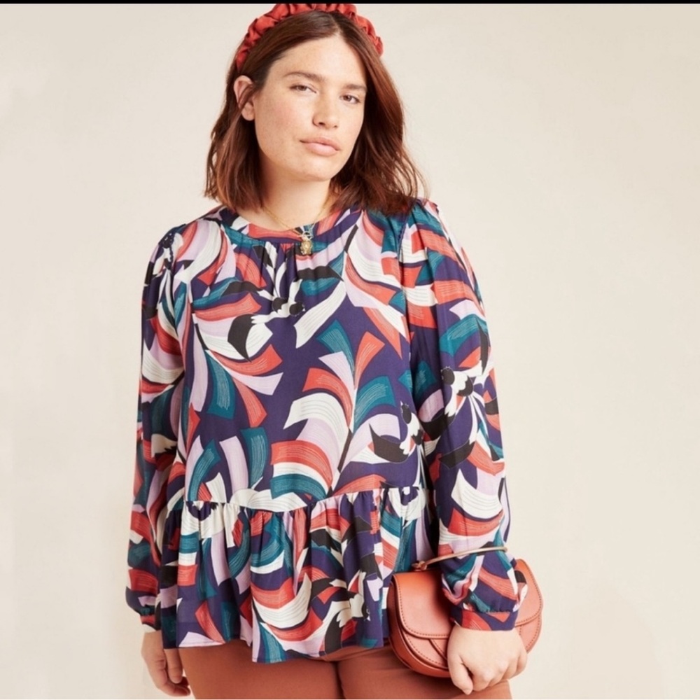 Anthropologie Maeve Cheyenne Peplum Peasant Blouse Abstract Birds Art To Wear XL